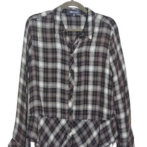 Democracy Medium Black White Plaid Peplum Button Down Long Sleeve Top Western